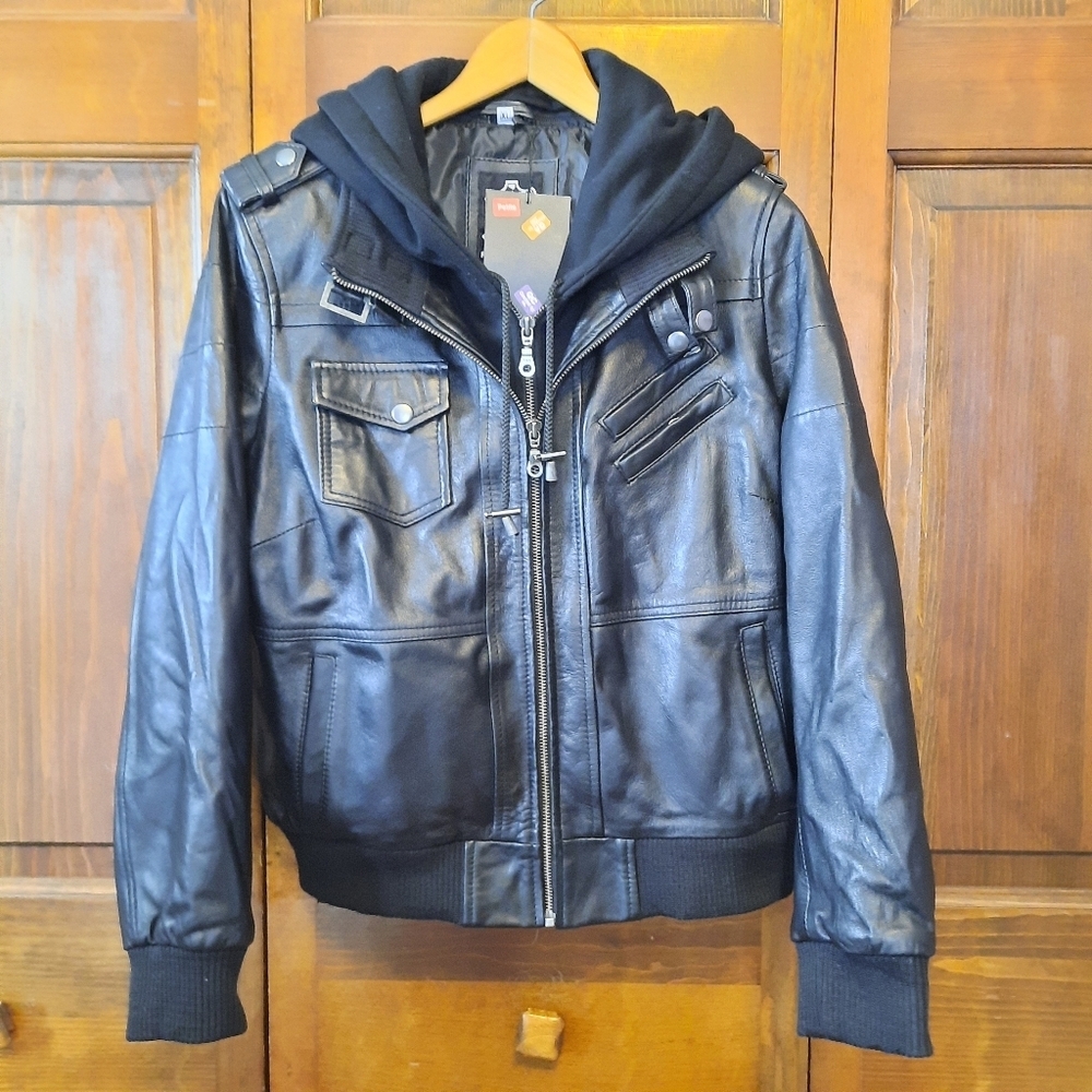 🛍 NWT Decrum Detachable Hooded Real Lambskin Leather Bomber Jacket Size XLP - Picture 2 of 15
